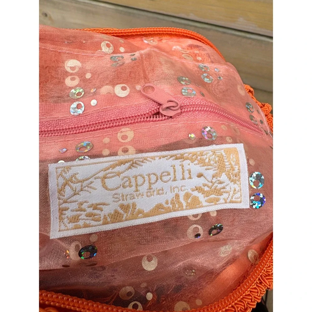 Cappelli Straw World Orange Crochet Net Sequin Shoulder Bag Boho Beach Tote